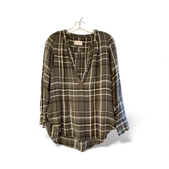 Forest Green Plaid Long Sleeve Boyfriend Quarter Button Flannel Soft Shirt XS - Picture 2 of 6